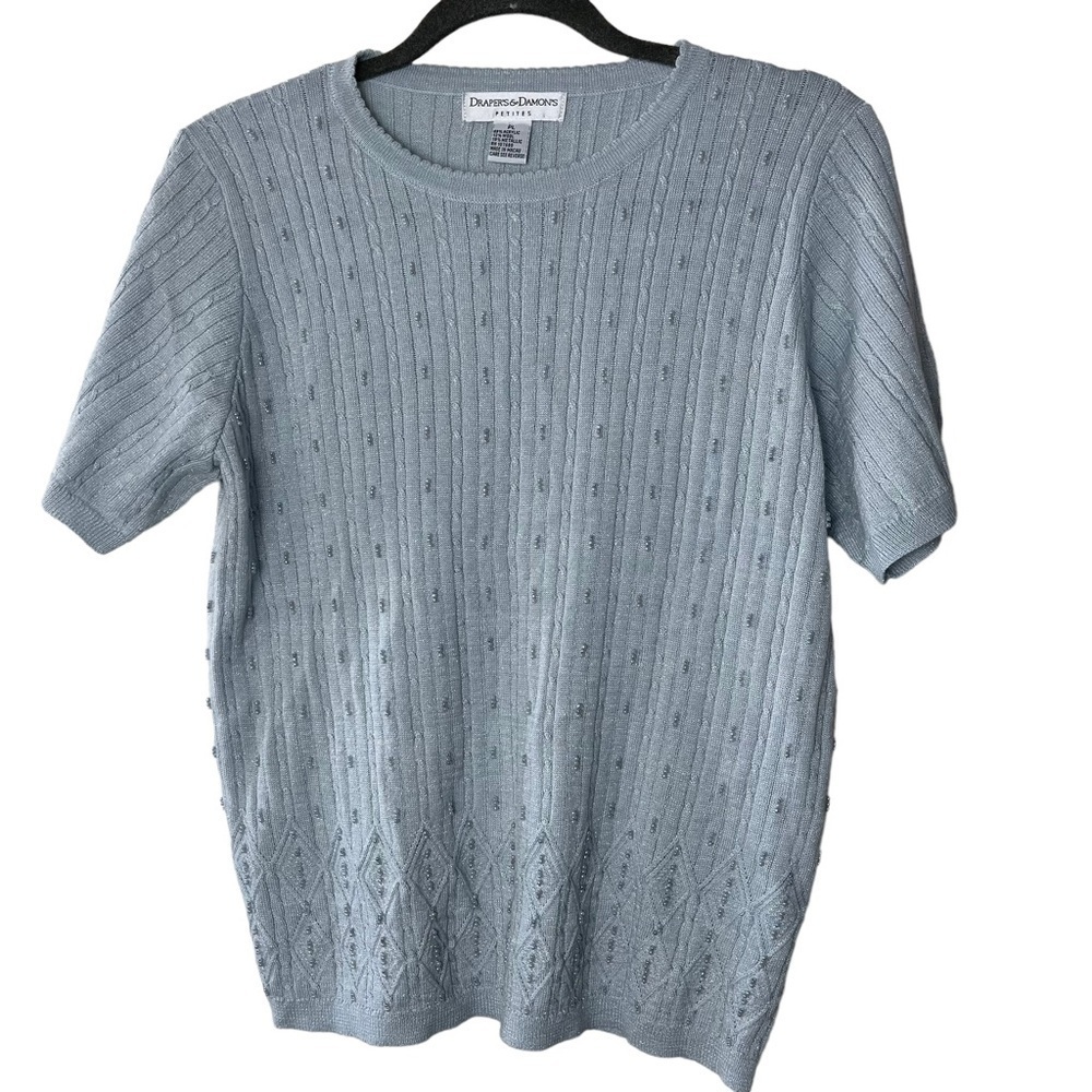 Drapers & Damons Blue Short Sleeve Beaded Metallic Blouse Size Petite Large